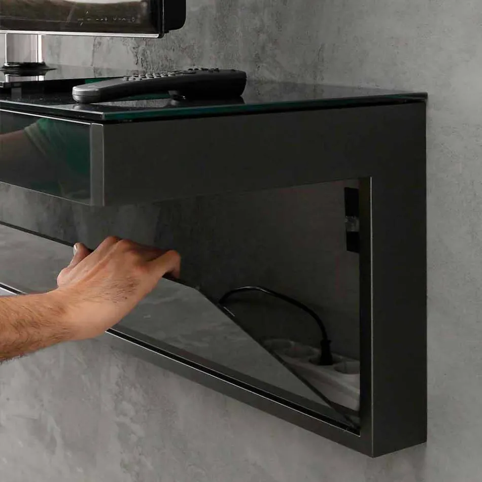 Nástěnná televizní skříňka z černého křišťálu a kovu vyrobená v Itálii - Americio Viadurini