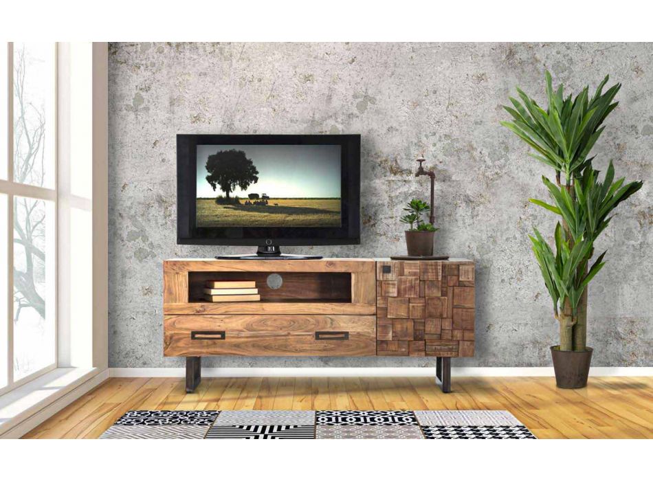 Moderní televizní skříňka ze železa a akáciového dřeva se zásuvkou a dvířky - Deanna Viadurini