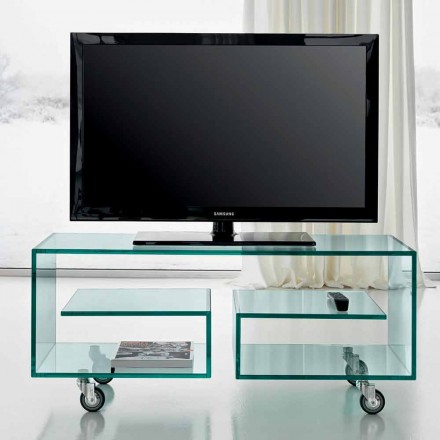 Víceúčelová televizní skříňka do obývacího pokoje v průhledném skle s kolečky - Birintolo Viadurini