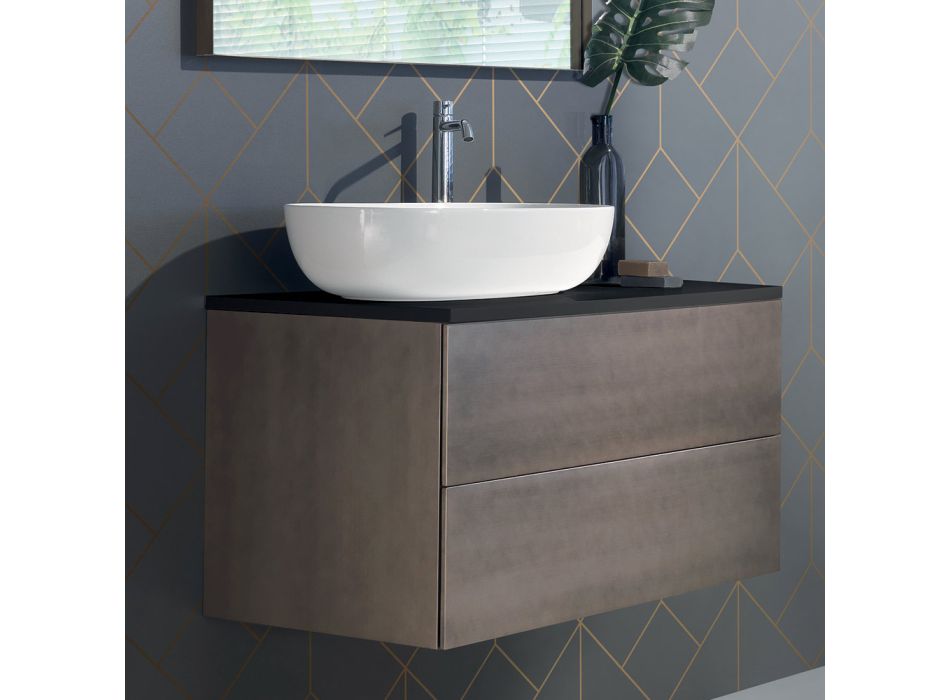 Závěsný koupelnový nábytek ze dřeva, kovu a keramiky W96 cm, Precious - Renga Viadurini