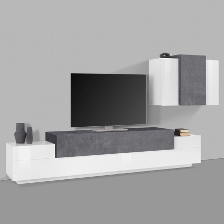 Nábytek do obývacího pokoje Televizní stojan a nástěnná jednotka Lesklá bílá Dřevo 3 povrchové úpravy - Therese Viadurini