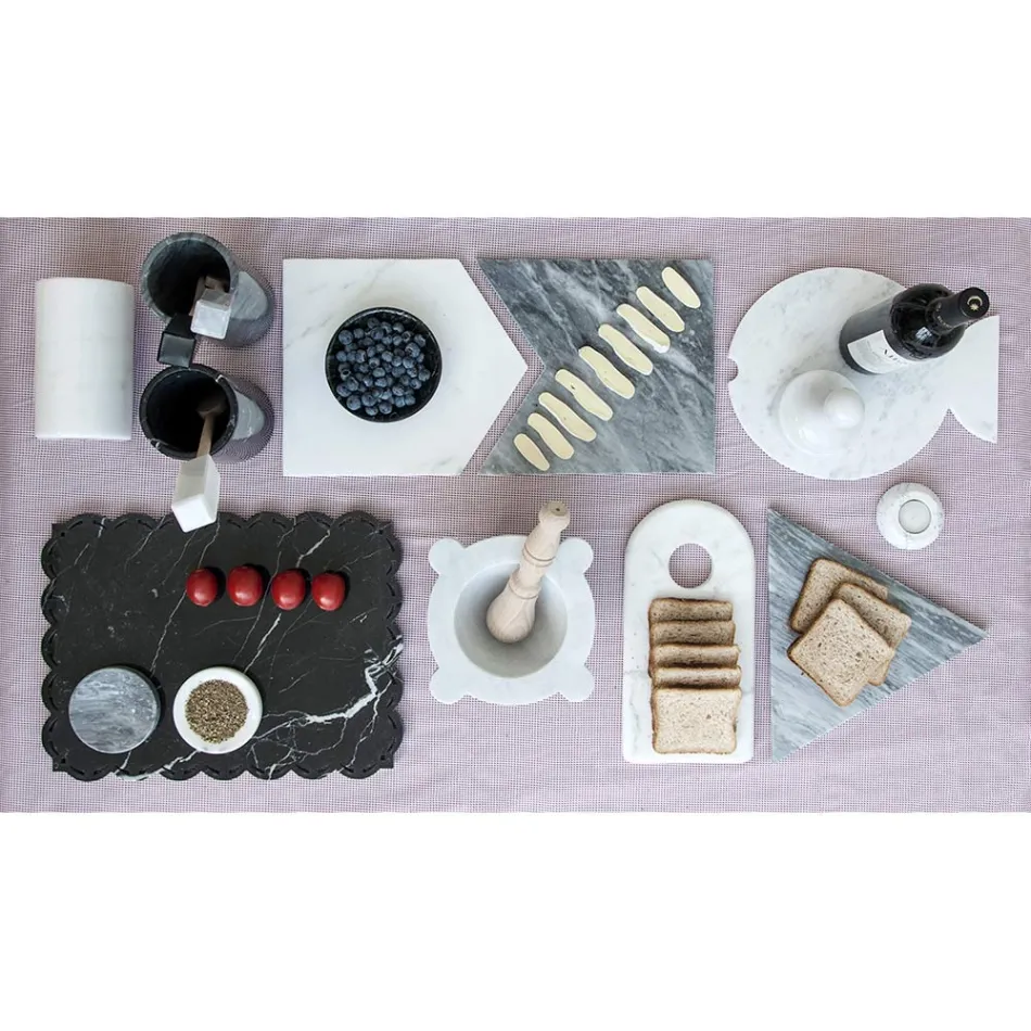 Třecí miska v bílém mramoru Carrara s dřevěnou paličkou vyrobenou v Itálii - Winda Viadurini