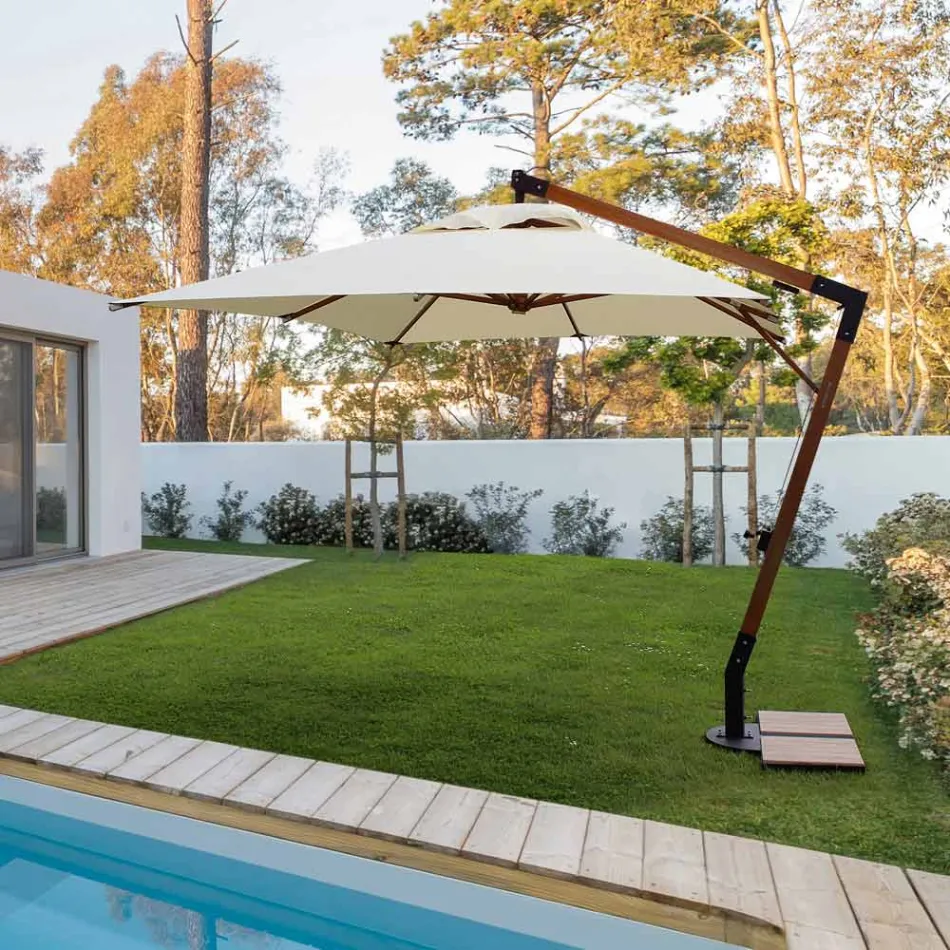 Venkovní deštník ze dřeva a ecru polyesteru 3x4, Homemotion - Passmore Viadurini