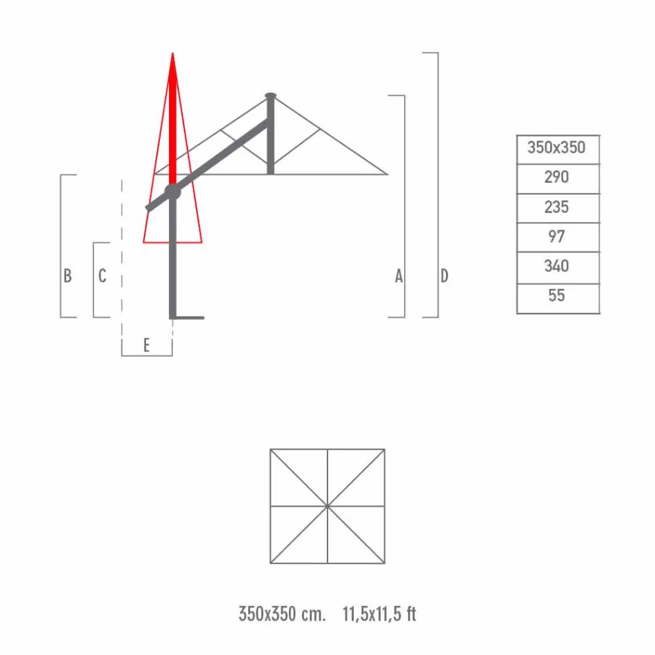 Hliníkový deštník s bílým nebo antracitovým ramenem 350 x 350 cm - Lapillo Viadurini