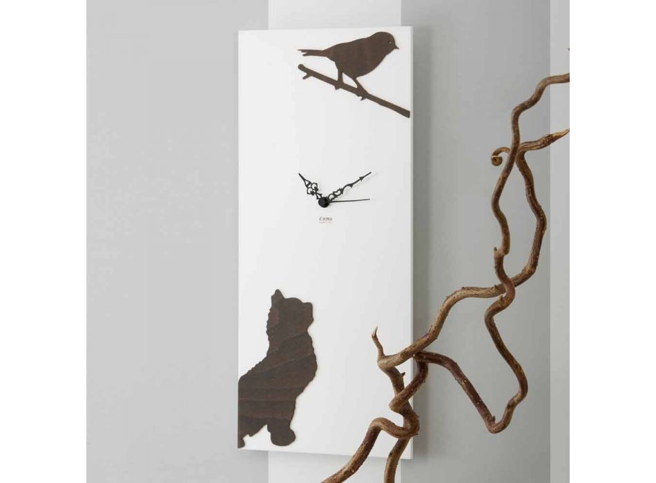Bílé nástěnné hodiny s dřevěnými dekoracemi pro zvířata Moderní design - napětí Viadurini
