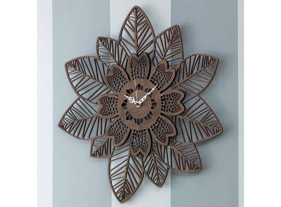 Nástěnné hodiny ze světlého nebo tmavého dřeva s moderním květinovým designem - Aquilegia Viadurini