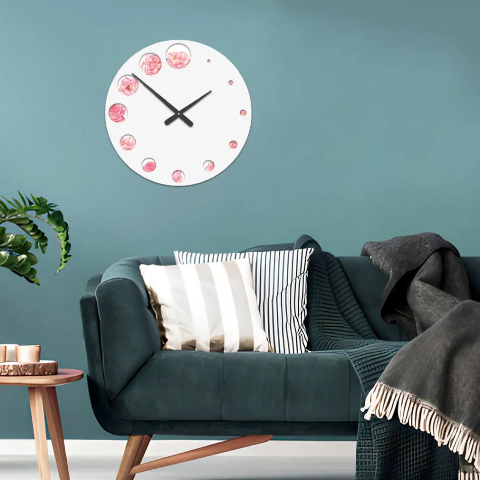 Dřevěné hodiny s potiskem květů kamélie Made in Italy - India Viadurini