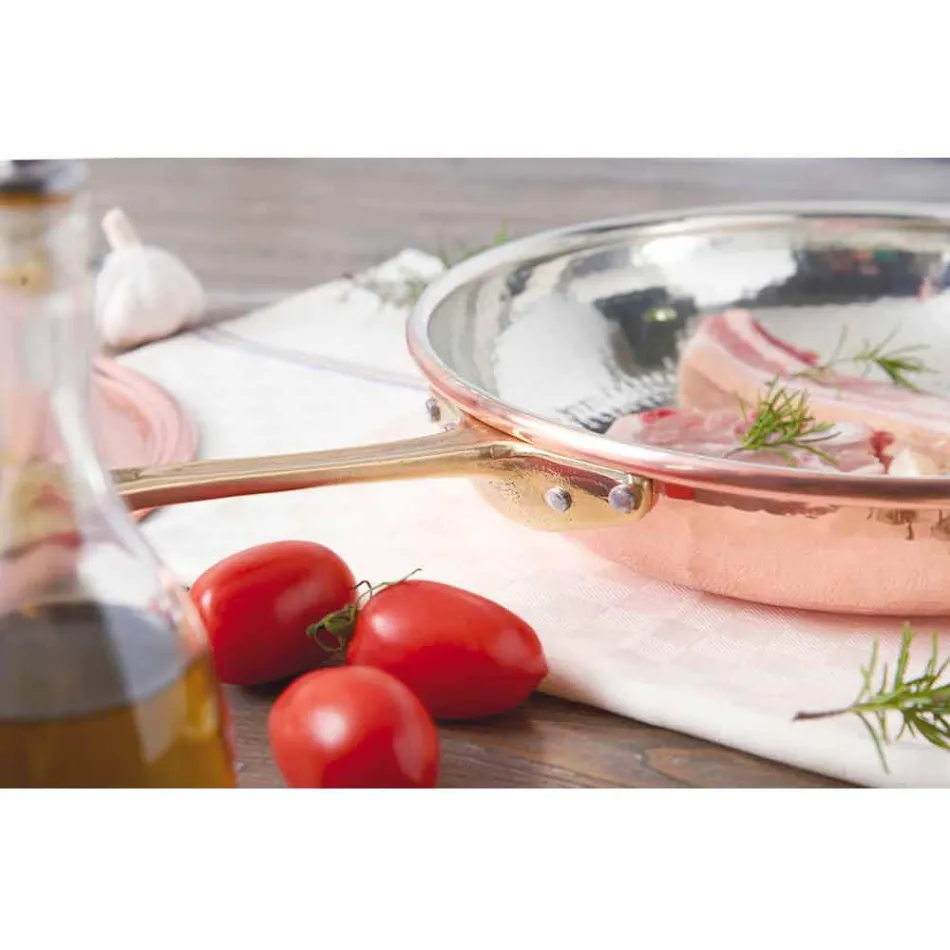 Kulatá pánev z pocínované mědi ručně s rukojetí a víkem 36 cm - Gianluigi Viadurini