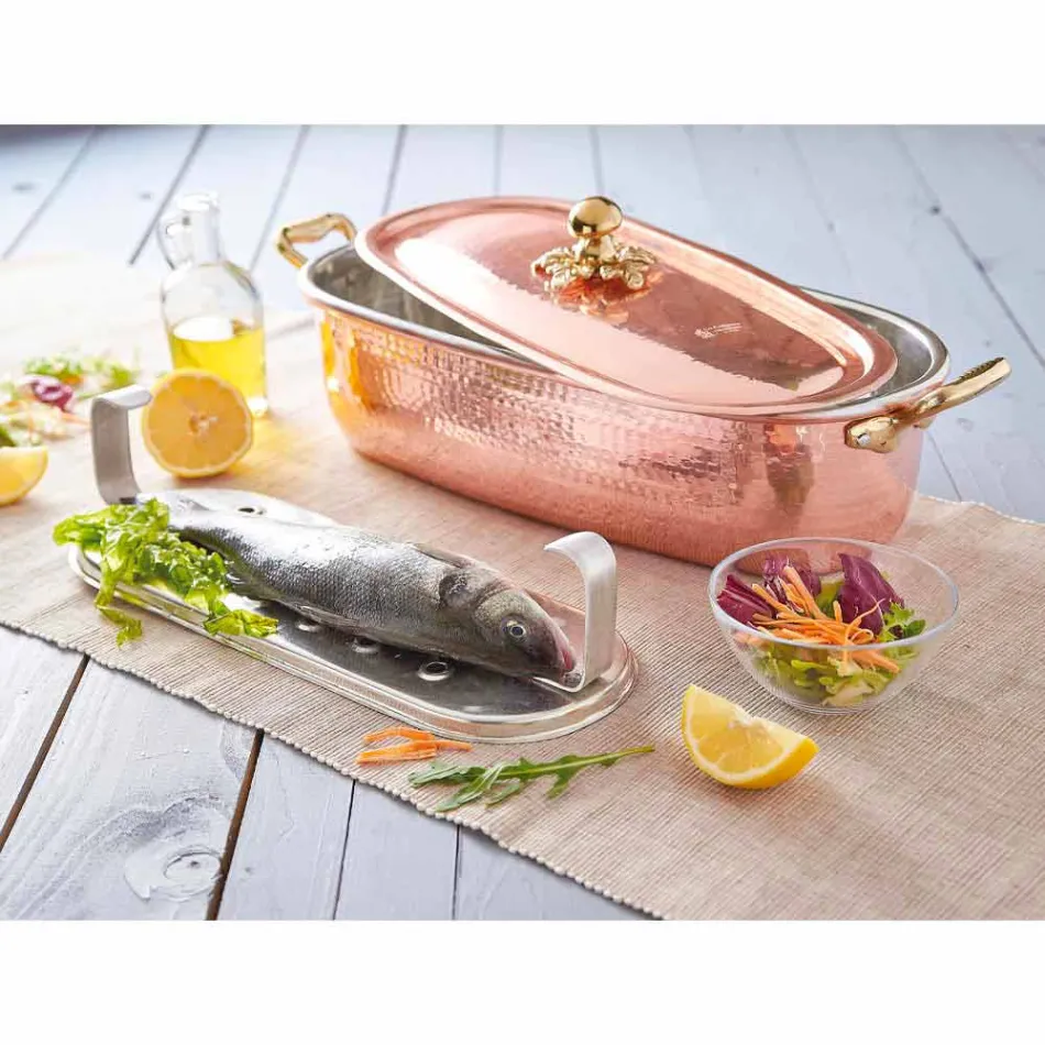 Hrnec na ryby v italské ručně pocínované mědi s víkem 44 cm - Mariapia Viadurini