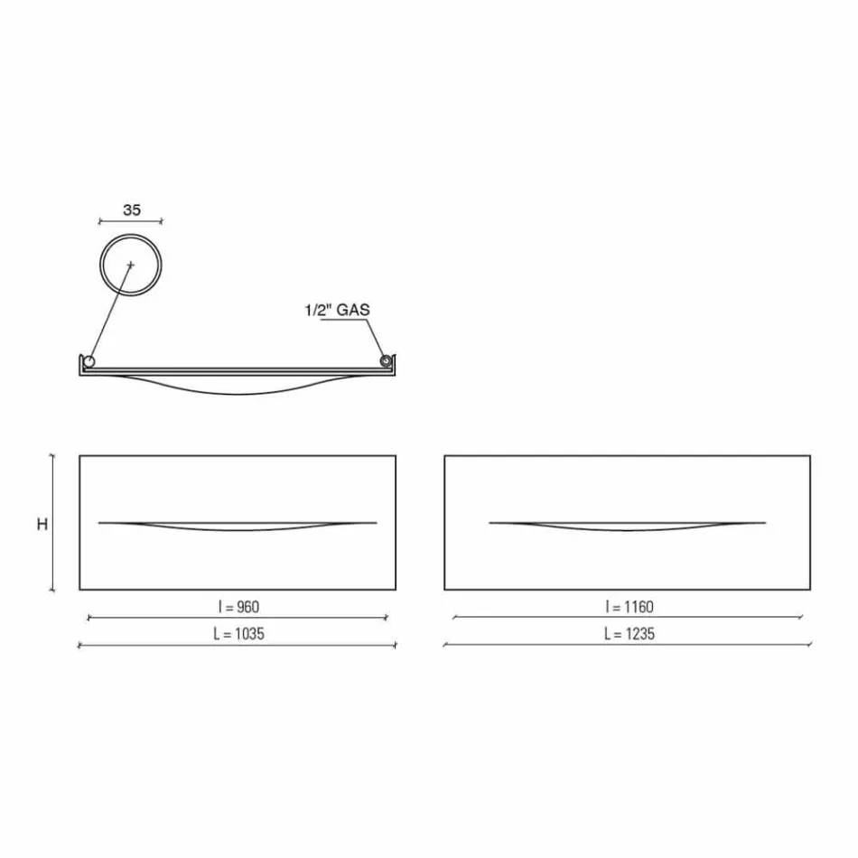 Horizontální designová hydraulická sálavá deska z oceli do 820 W - řez Viadurini