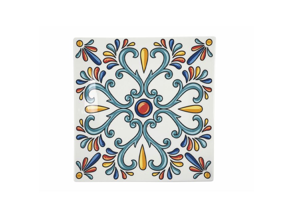 Čtvercové talíře na stůl v barevných porcelánových dekoracích 6 kusů - Iglesias Viadurini