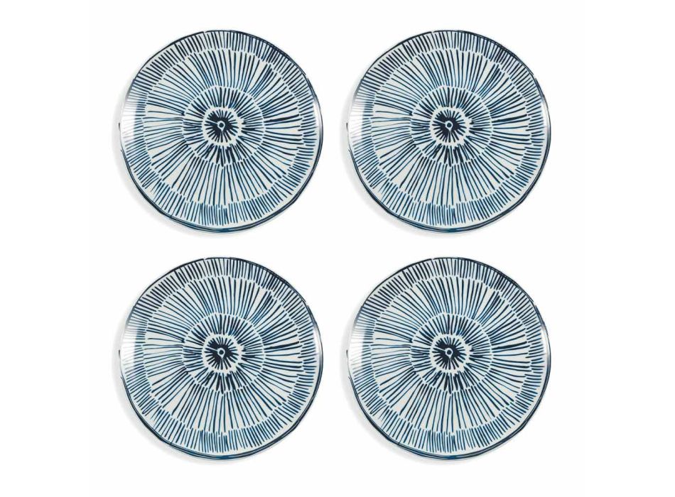 Bílý porcelánový servírovací talíř Modré podglazurové dekorace 4 kusy - Tribu Viadurini