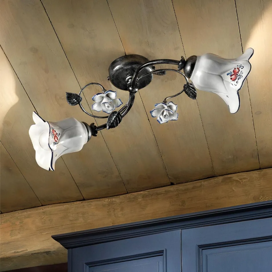 Stropní svítidlo se 2 světly z kovu a keramiky s ručně malovanými růžemi - Pisa Viadurini