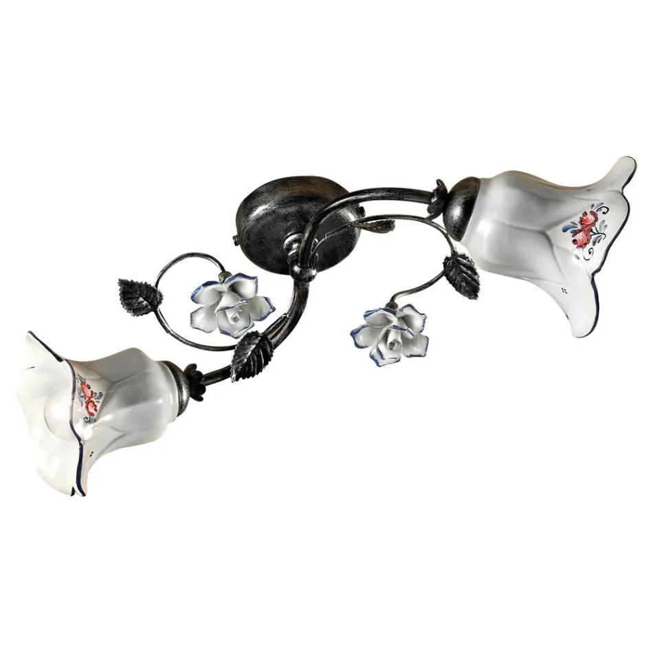 Stropní svítidlo se 2 světly z kovu a keramiky s ručně malovanými růžemi - Pisa Viadurini