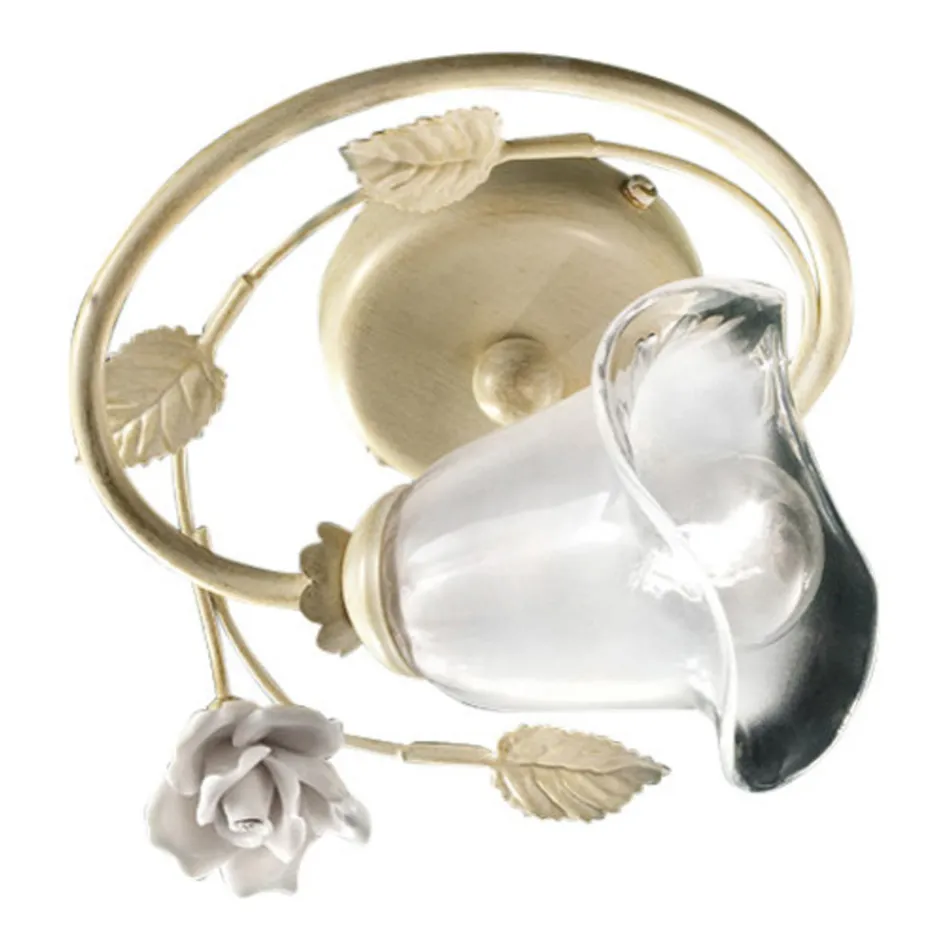 Stropní svítidlo ze železa, pískovaného skla a růže z keramické dekorace - Siena Viadurini