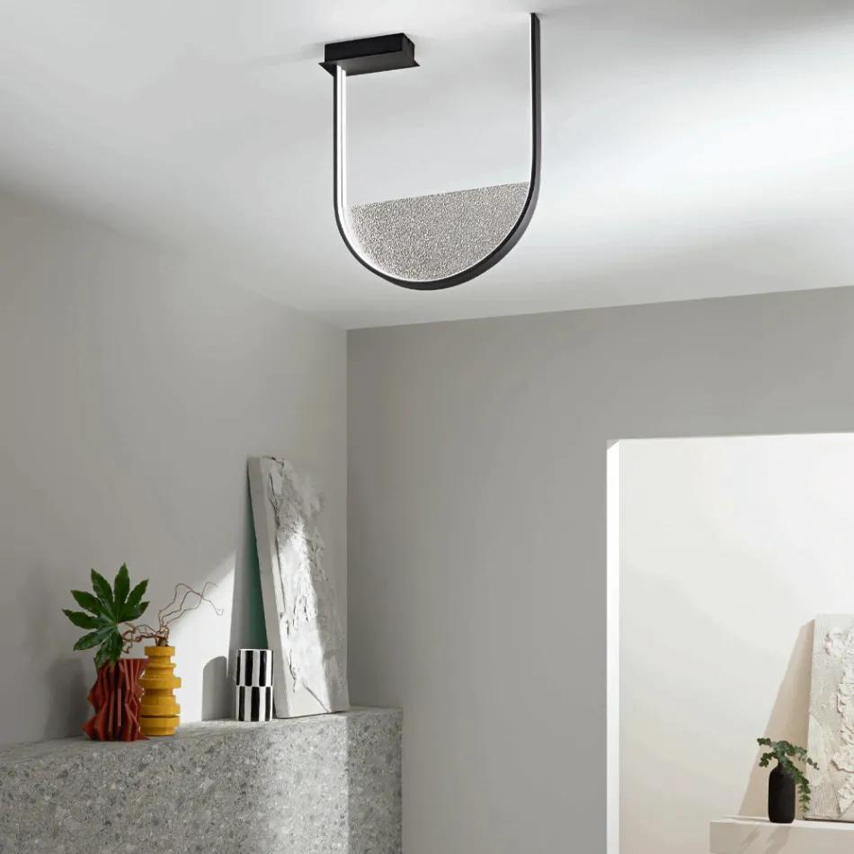 Stropní svítidlo z lakovaného kovu a odnímatelná vložka z granulovaného skla - Catalpa Viadurini