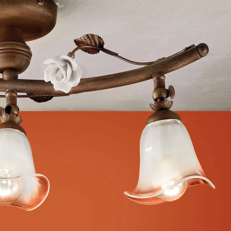 Lineární stropní svítidlo se 3 světly v železných, skleněných a keramických růžích - Siena Viadurini