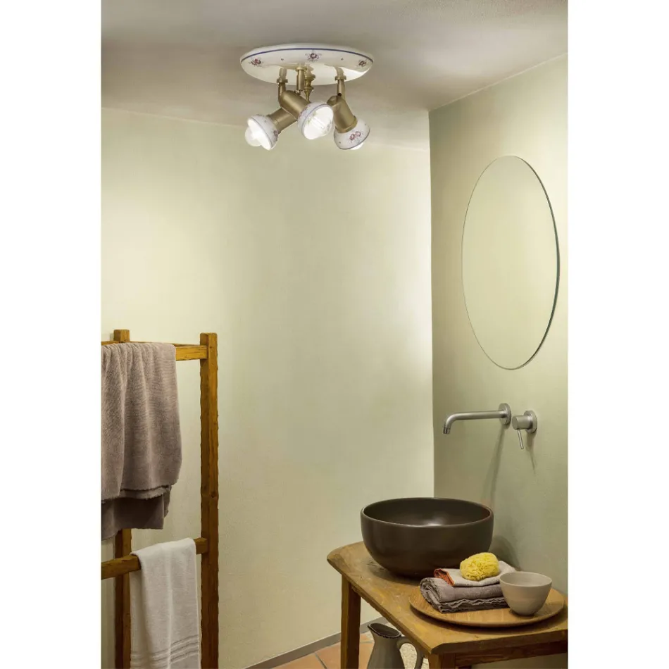 Kulaté stropní svítidlo 3 bodová svítidla z mosazi a ručně malované keramiky - Savona Viadurini