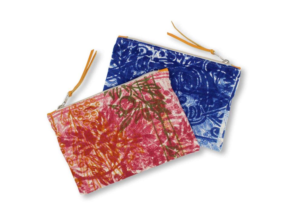 Umělecká ručně tištěná spojková taška, jedinečný kus z bavlny, 2 kusy – Viadurini od Marchi Viadurini