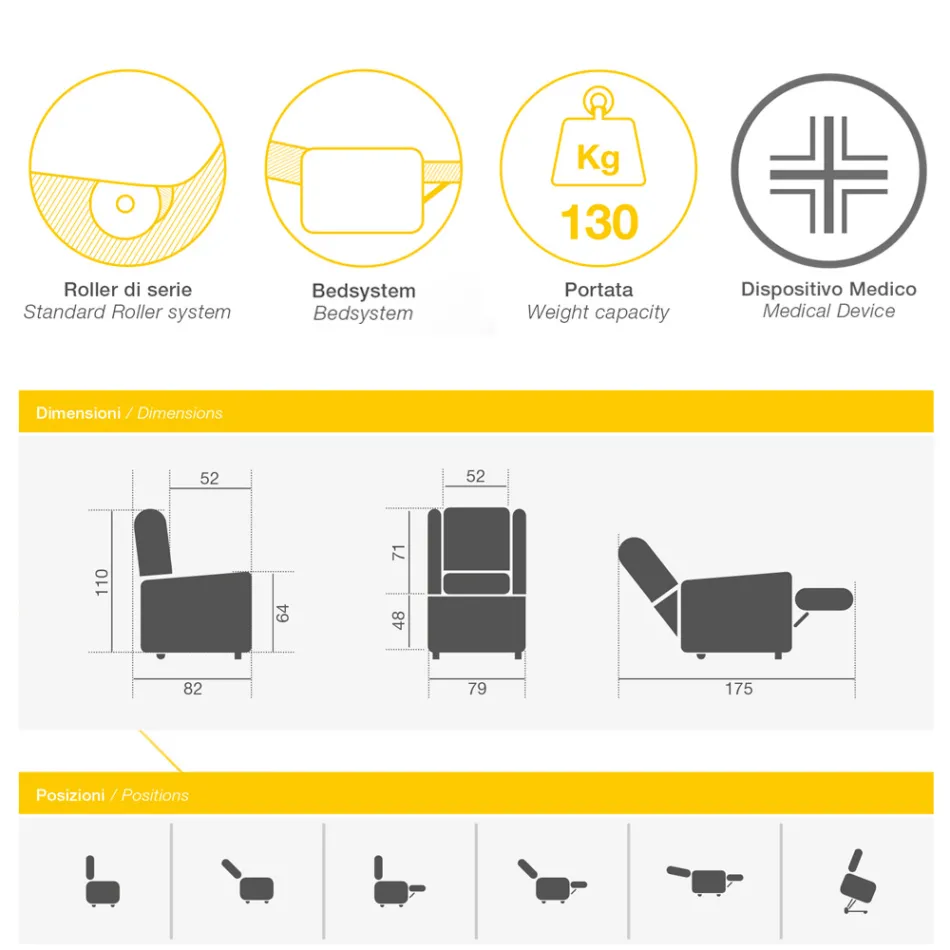 Látkové křeslo s funkcí zvednutí, relaxace a postele - Romina Viadurini