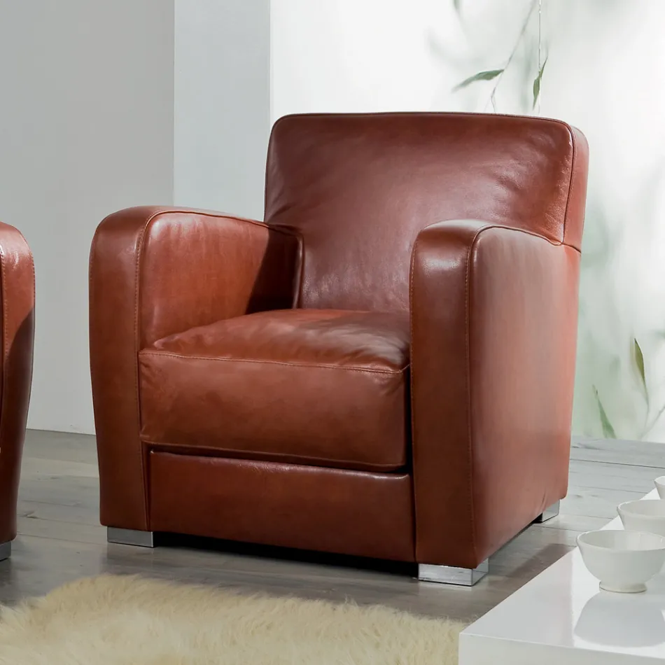 Křeslo do obývacího pokoje ze dřeva, kůže a kovu Made in Italy - Burlesco Viadurini