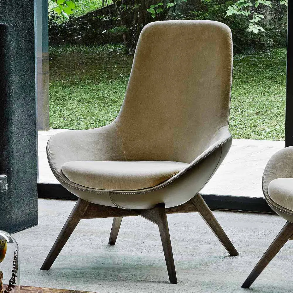 Křeslo do obývacího pokoje v kůži a látce s dřevěnou základnou vyrobené v Itálii - Ama Viadurini