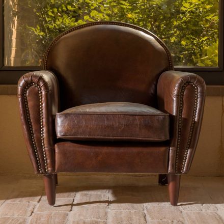 Interiérové křeslo ve vintage kůži s efektem stáří tmavě hnědá - razítko Viadurini
