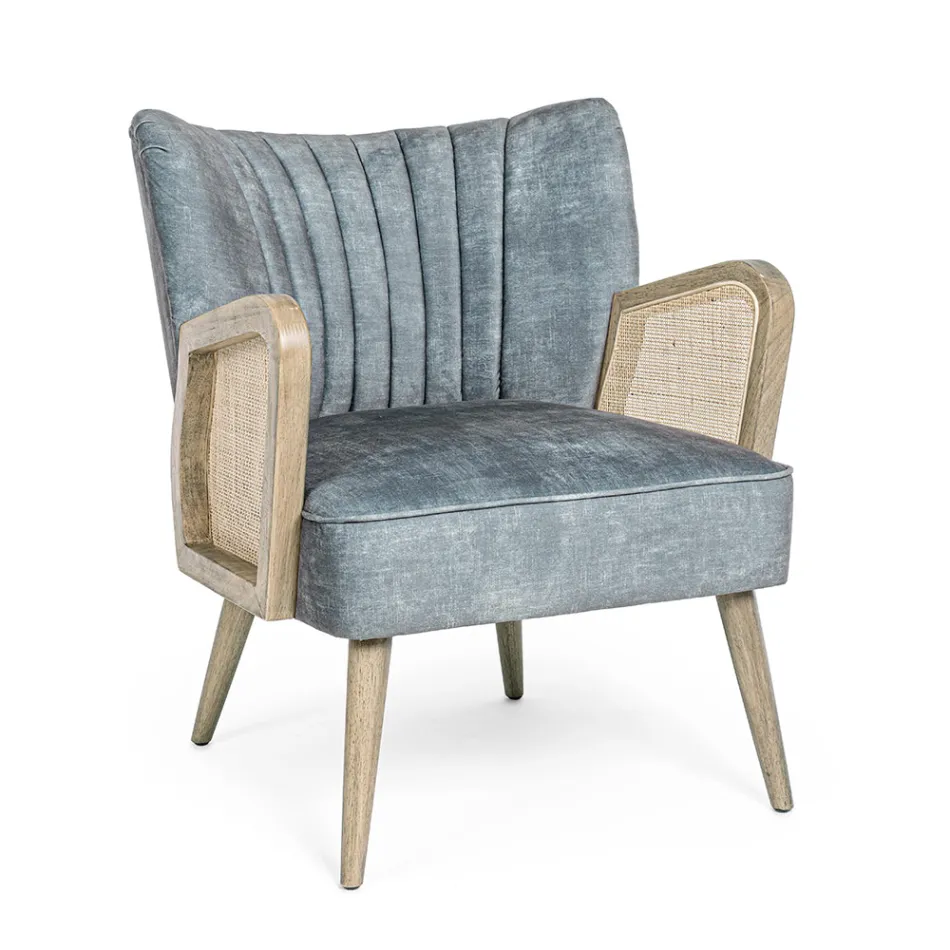 Vintage dřevěné křeslo s područkami z ratanu a polyesteru - Ludovica Viadurini