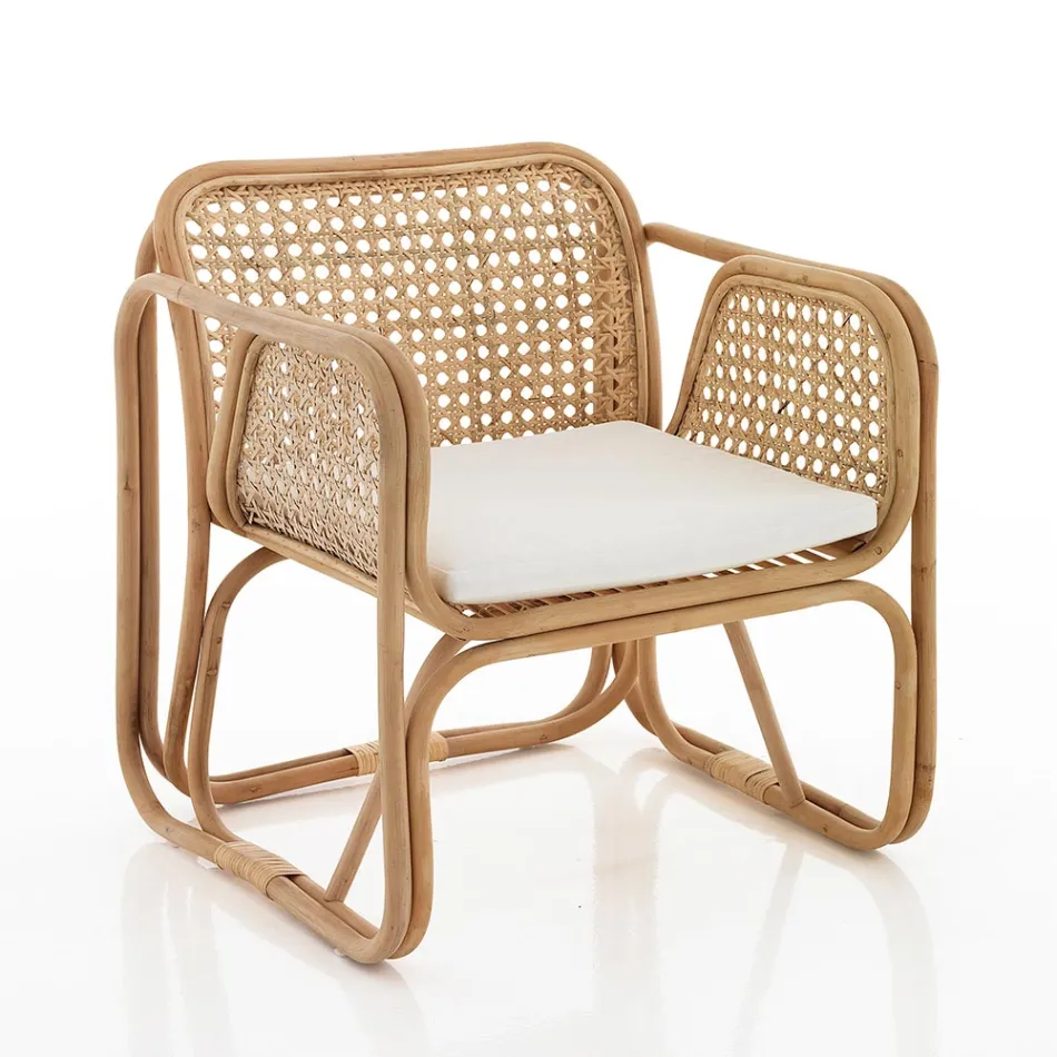 Venkovní a vnitřní ratanové křeslo a látkové polštáře Saia - Voir Viadurini