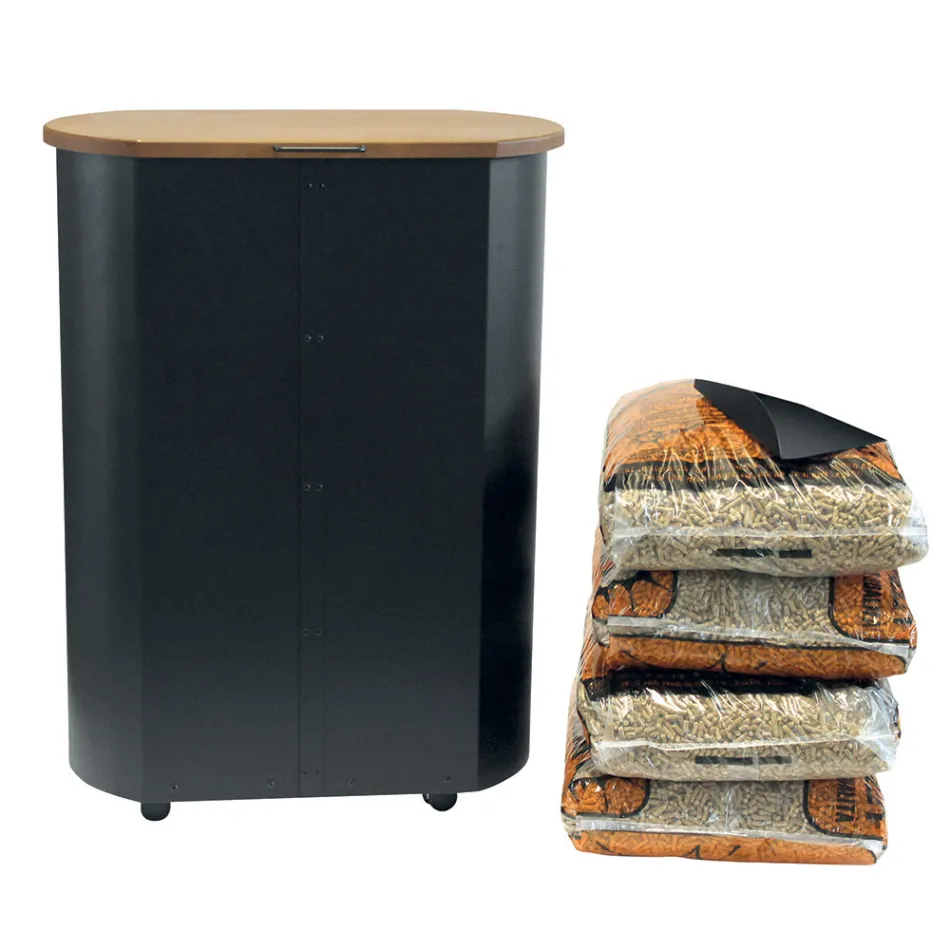 Kovový držák na pelety s kolečky a dřevěným víkem Made in Italy - Bisonte Viadurini