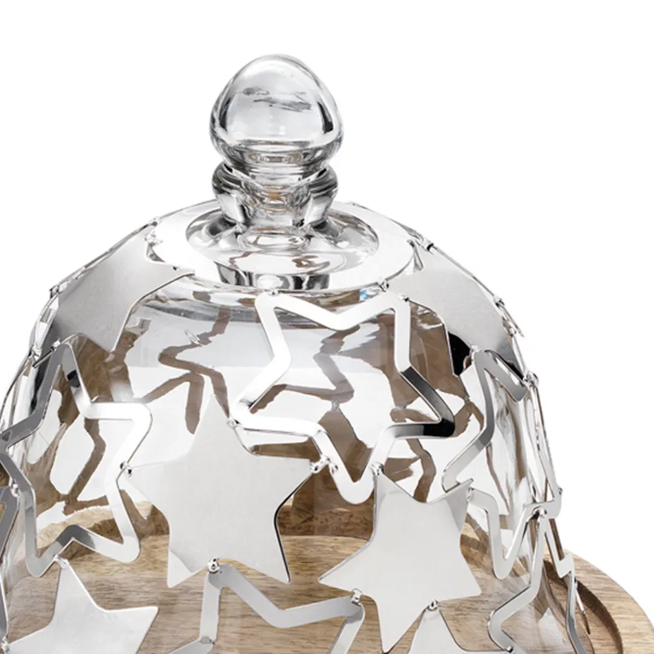 Držák zvonového dortu ve dřevě a skle se stříbrnými kovovými hvězdami - Ilenia Viadurini