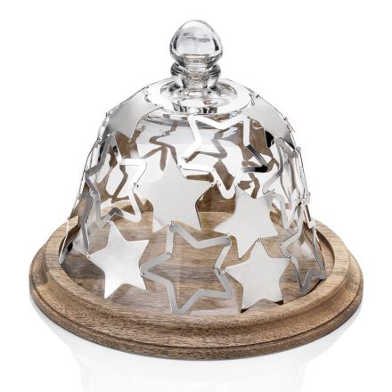 Držák zvonového dortu ve dřevě a skle se stříbrnými kovovými hvězdami - Ilenia Viadurini