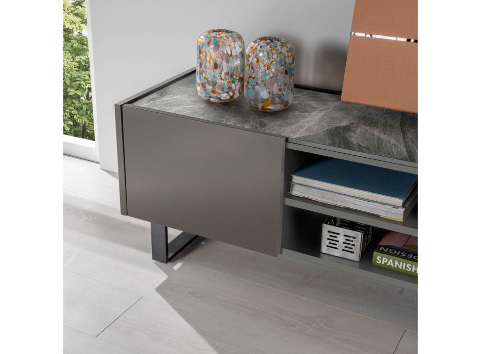 TV stolek s keramickou deskou s mramorovým efektem se 2 dvířky a 2 otevřenými přihrádkami - Clak Viadurini