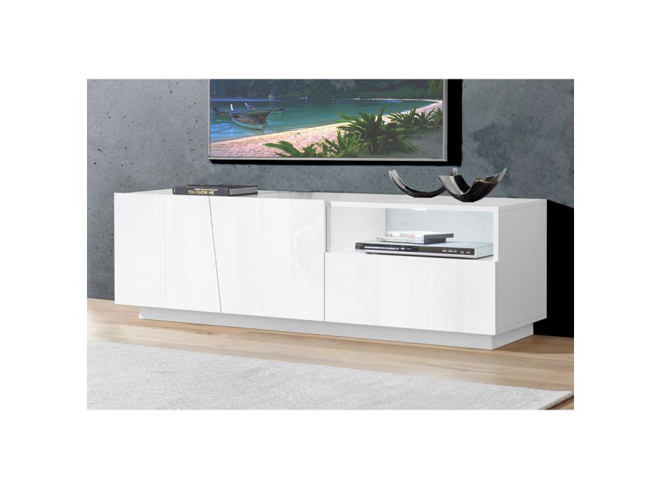 TV stolek do obývacího pokoje se 4 dveřmi, 1 zásuvkou a otevřenou dřevěnou přihrádkou - Joris Viadurini