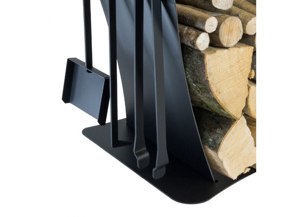 Vnitřní ocelový držák palivového dřeva se 3 doplňky vyrobený v Itálii - Nelumbo Viadurini