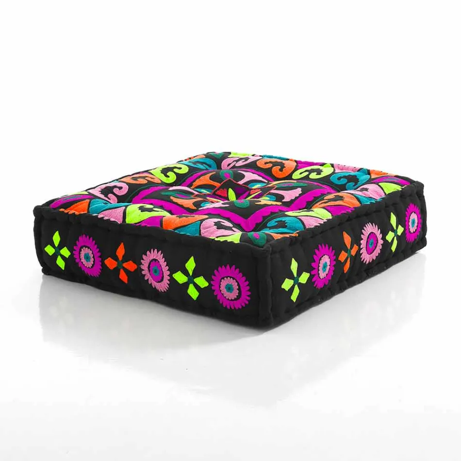 Ethnic Square Pouf v Patchwork Fabric nebo Velvet - Fiber Viadurini