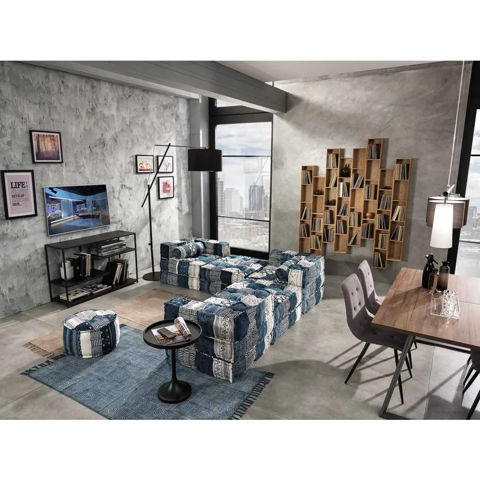 Ethnic Square Pouf v Patchwork Fabric nebo Velvet - Fiber Viadurini