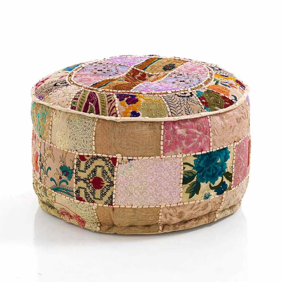 Kulatý pouf etnického designu v Patchwork Fabric nebo Velvet - Fiber Viadurini