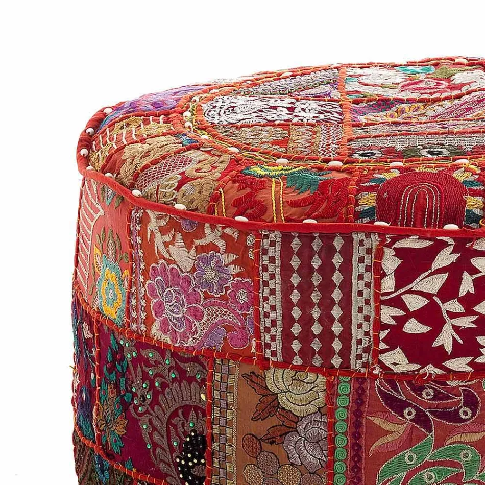 Kulatý pouf etnického designu v Patchwork Fabric nebo Velvet - Fiber Viadurini