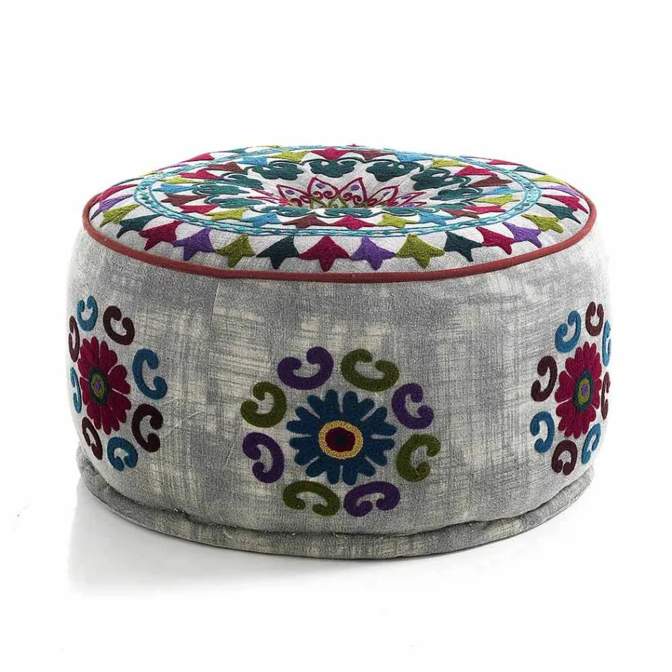 Kulatý pouf etnického designu v Patchwork Fabric nebo Velvet - Fiber Viadurini
