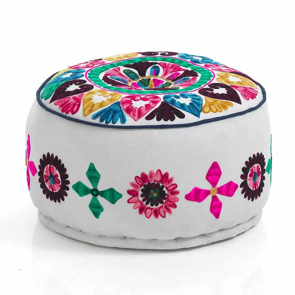 Kulatý pouf etnického designu v Patchwork Fabric nebo Velvet - Fiber Viadurini