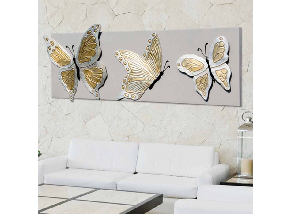 Moderní obraz s třemi reliéfními motýly zdobenými rukama Stephenem Viadurini
