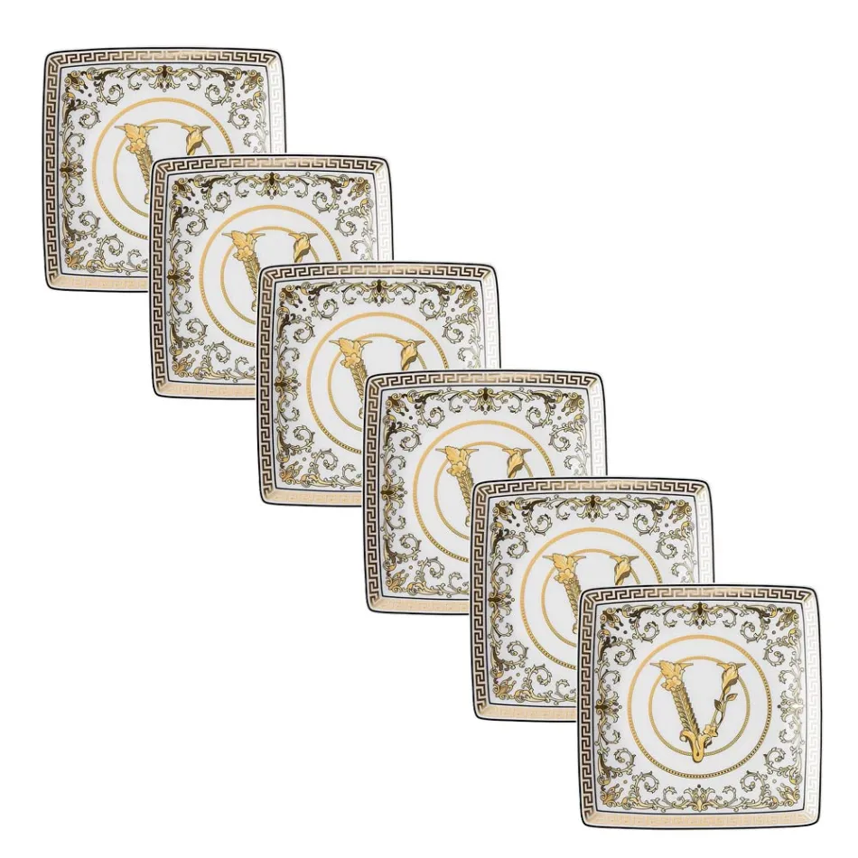 Rosenthal Versace Virtus Gala 6 plochých čtvercových mís 15x15 cm v porcelánu - barokní Viadurini