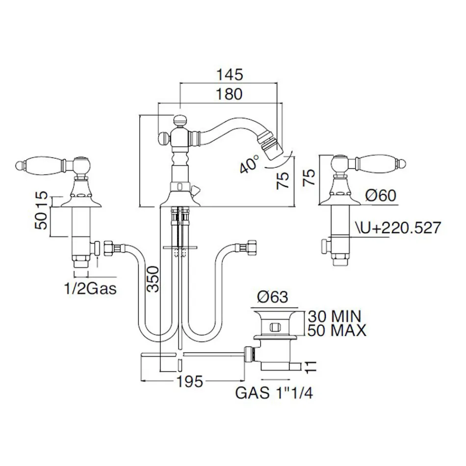 Klasická 3otvorová bidetová baterie s mosaznými pákami Made in Italy - Noriana Viadurini