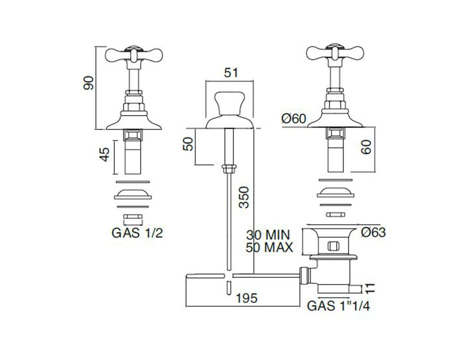 3-otvorový bidetový faucet, vnitřní dodávka v mosazné ruční výrobě - Fioretta
