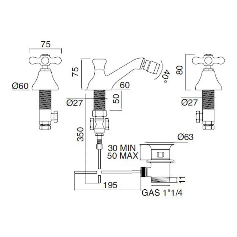 Klasická 3otvorová bidetová baterie s mosazným odpadem Made in Italy - Ercolina Viadurini