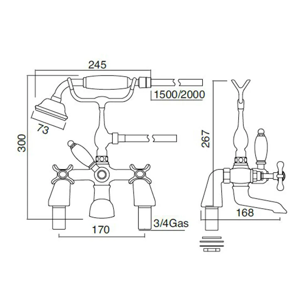 Mosazná vanová baterie s klasickou luxusní ruční sprchou - Fioretta Viadurini