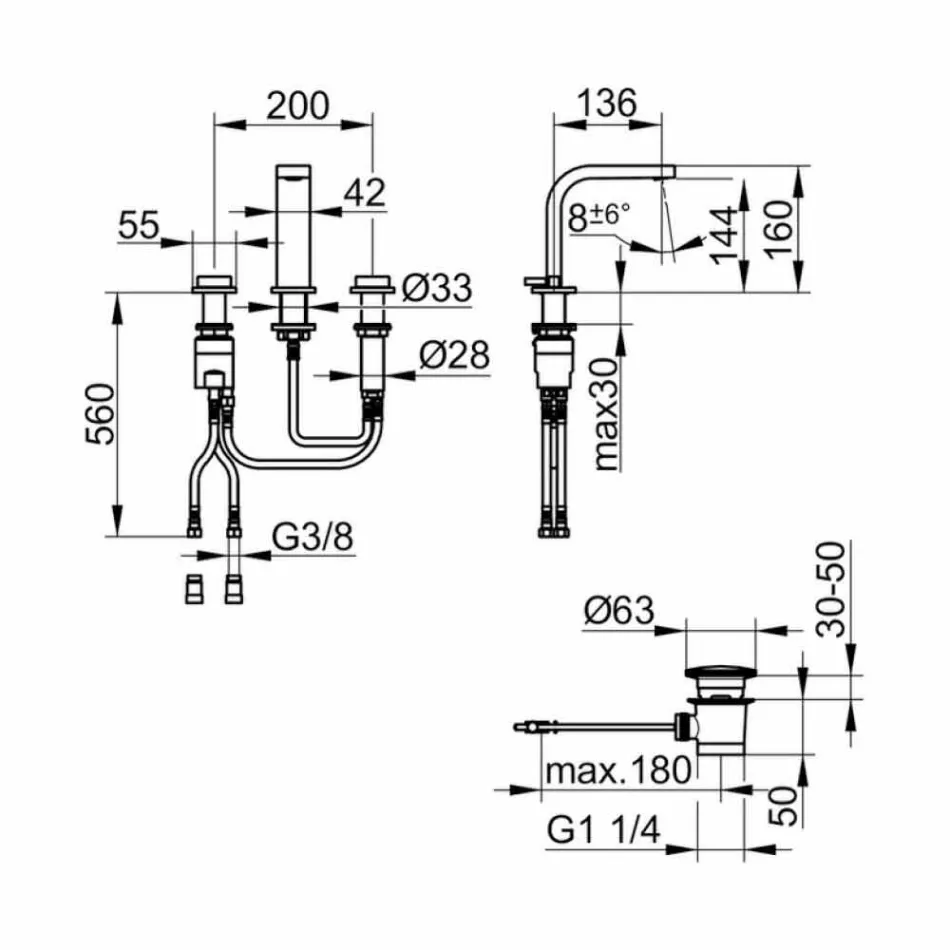 Umyvadlová baterie s moderním designem a 3 kovovými otvory - Etto Viadurini