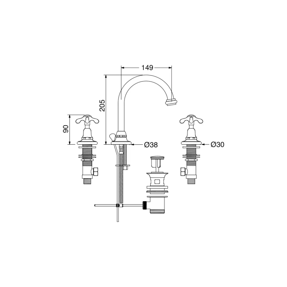 Vintage vysoká umyvadlová baterie z mosazi 3 otvory Made in Italy - Klarisa Viadurini