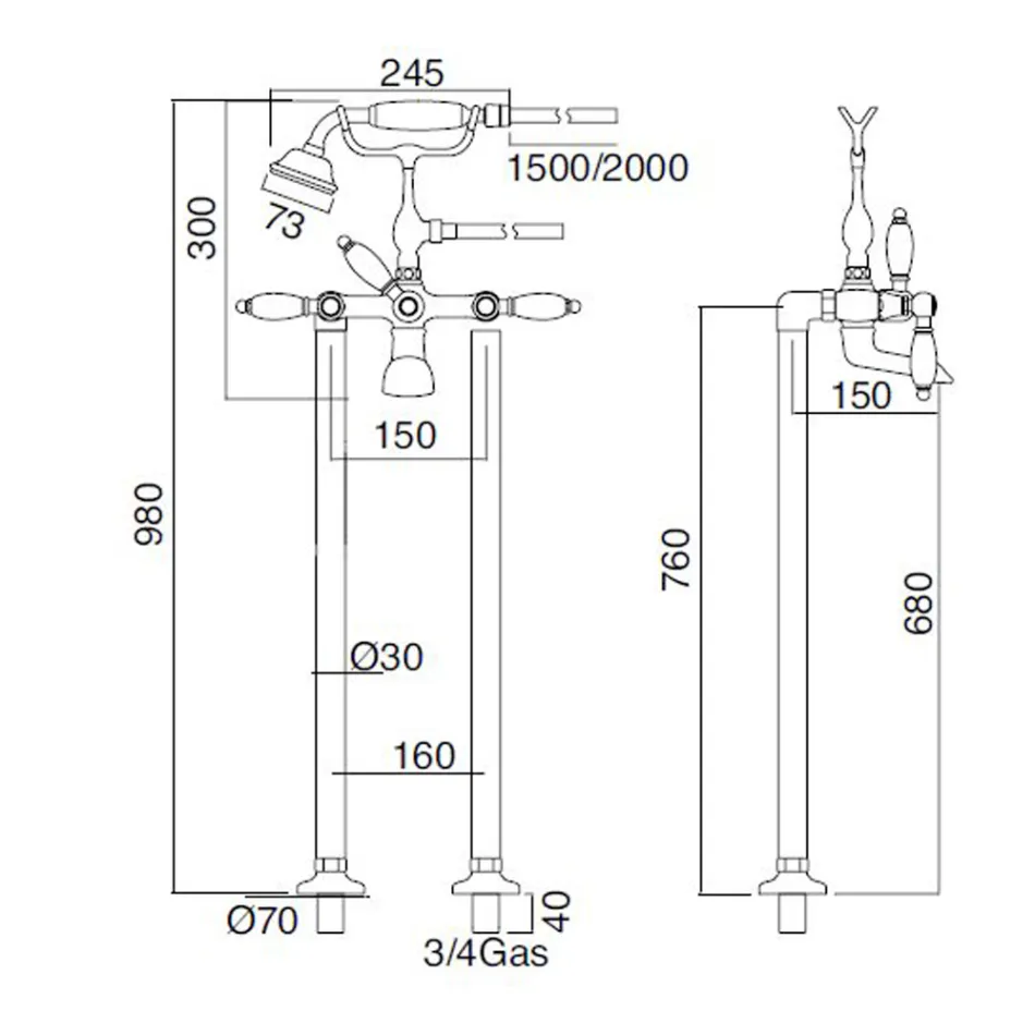Podlahová vanová baterie s mosaznou ruční sprchou vyrobená v Itálii - Noriana Viadurini